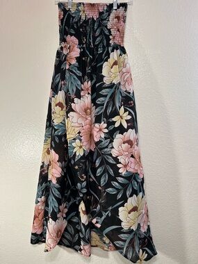 Stilettos Smocked Waist Floral Maxi Skirt - Black with Pink & Cream Blooms